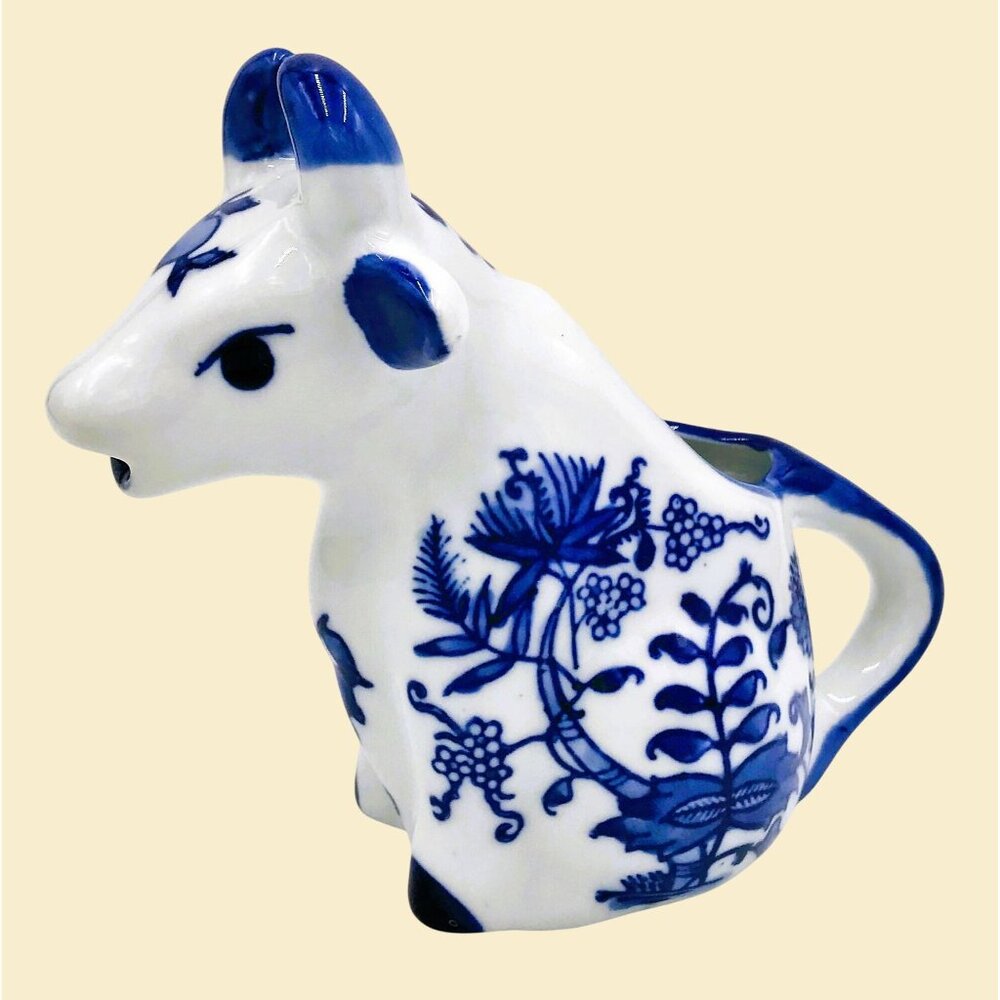 Blue White Porcelain Cow Creamer Vintage Cottagecore Farmcore Country Baum Bros.